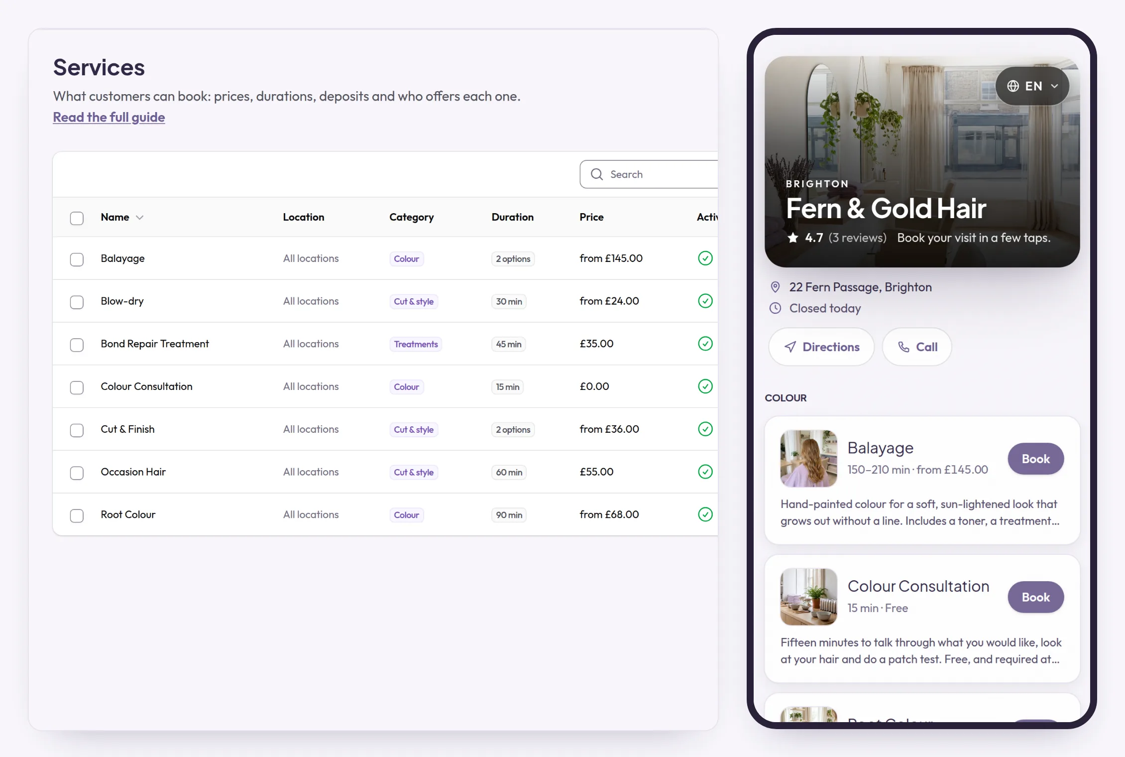 Screenshot: Your own booking page