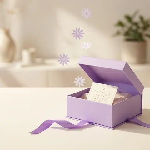 A gift box tied with ribbon, a calendar card inside