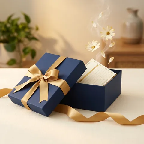A gift box tied with ribbon, a calendar card inside