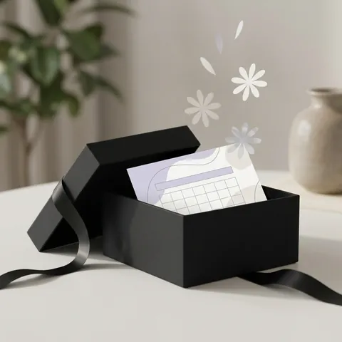 A gift box tied with ribbon, a calendar card inside