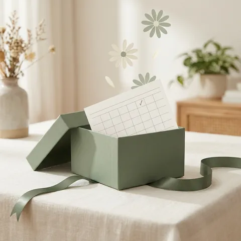 A gift box tied with ribbon, a calendar card inside