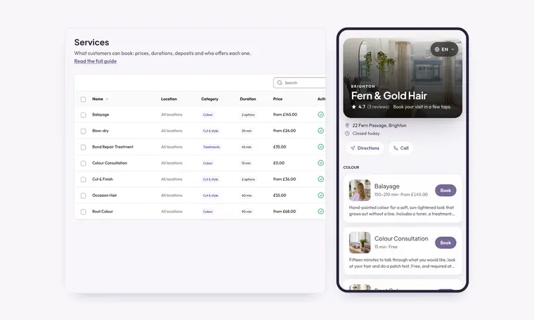 The services list beside the booking page a customer sees on a phone