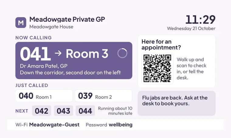 The waiting-room screen showing who is being called and a QR code to check in