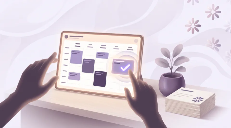 Illustration of hands tapping a tablet showing a tidy lavender booking calendar with a confirmed appointment, next to a plant and a stack of appointment cards on a reception desk