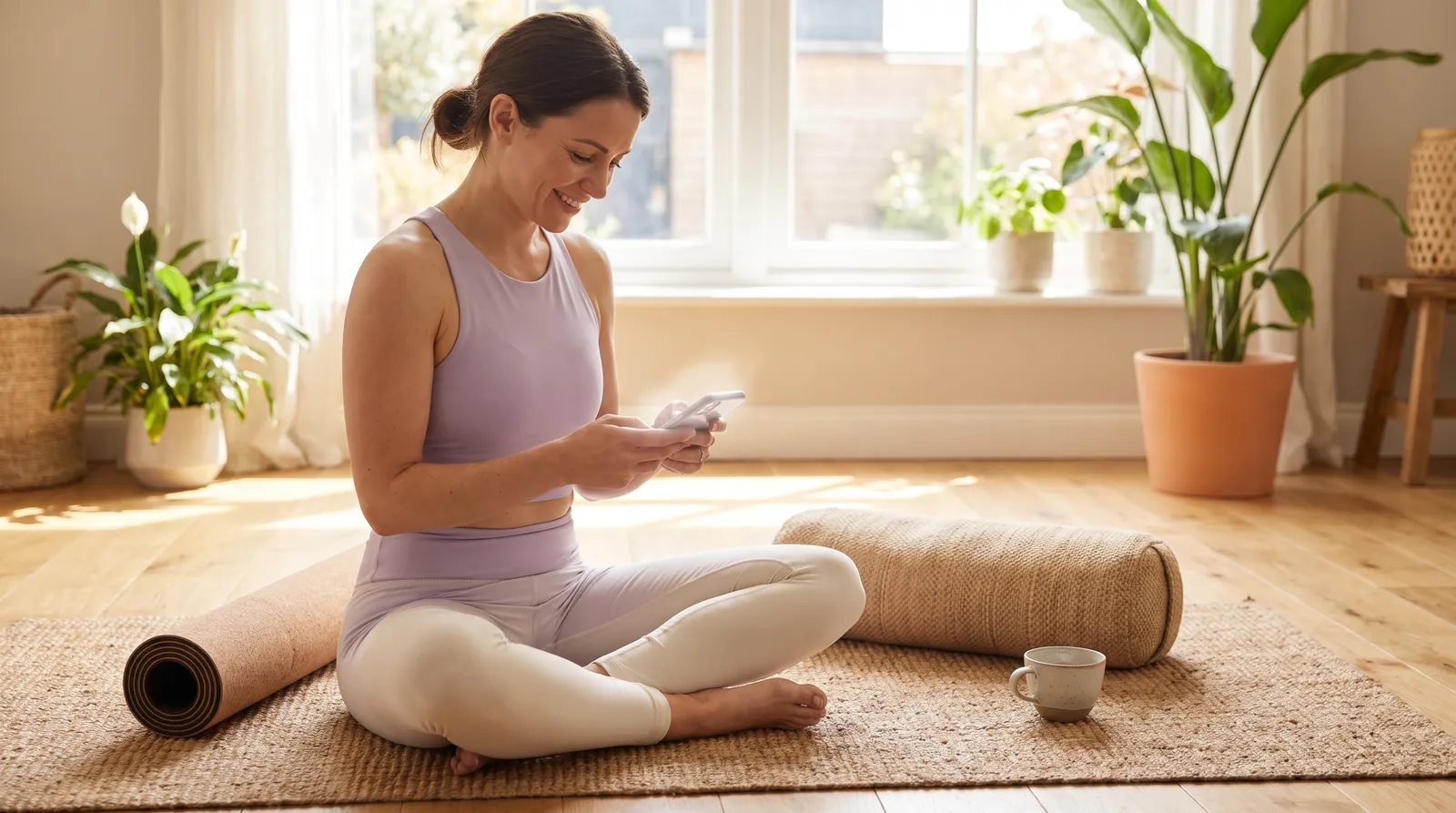 A yoga teacher sitting cross-legged on a mat in a sunlit home studio, smiling at her phone as a booking comes in