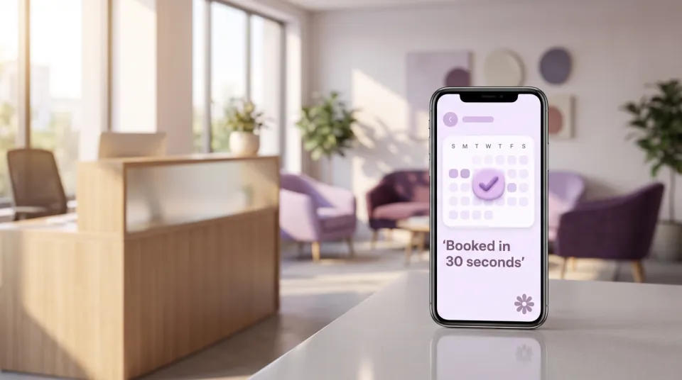 A softly lit appointment-business reception with a phone in the foreground showing a lavender booking calendar and a confirmed-booking tick