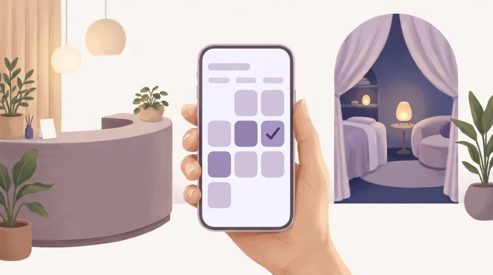 A hand holding a phone showing a booking calendar with one appointment confirmed, in front of a reception desk and a softly lit treatment room