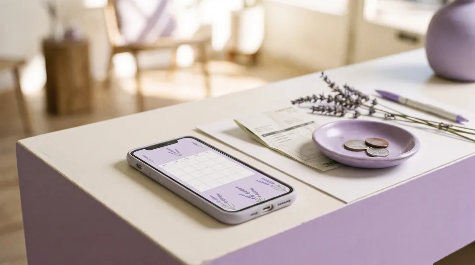 A phone showing a booking calendar on a reception desk, beside a folded bill and a lavender dish of coins